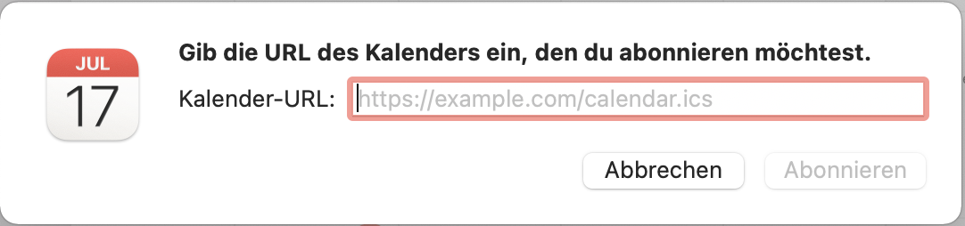 Screenshot Kalenderlink importieren