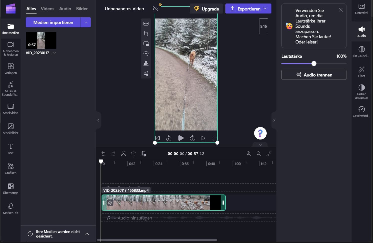 Nach dem Import sehen Sie unten die Timeline