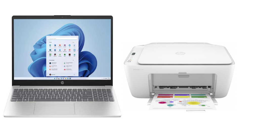 Ein HP-Notebook und ein Deskjet-Drucker in Weiss