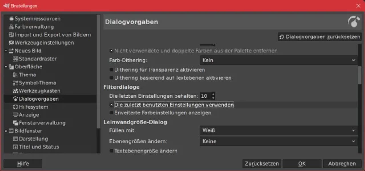 Die Gimp-Einstellung zu den Filterdialogen