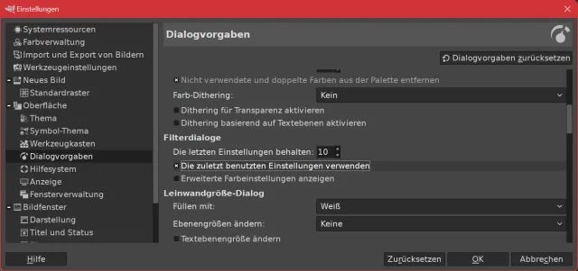 Die Gimp-Einstellung zu den Filterdialogen