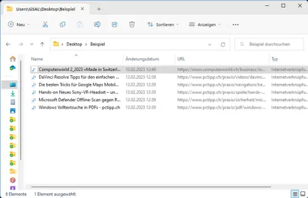 Screenshot des Explorer-Fensters, hier mit eingeblendeter URL-Spalte