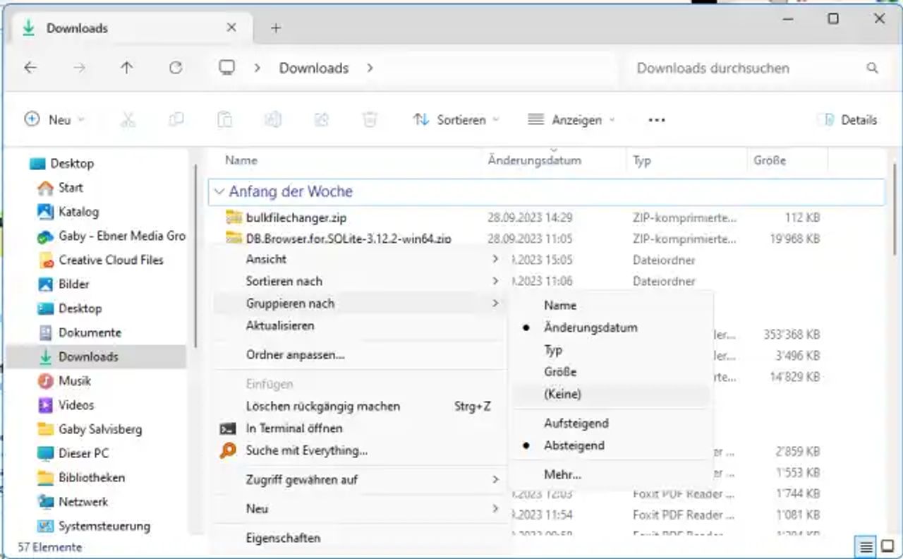 Das Explorer-Fenster mit dem Kontextmenü