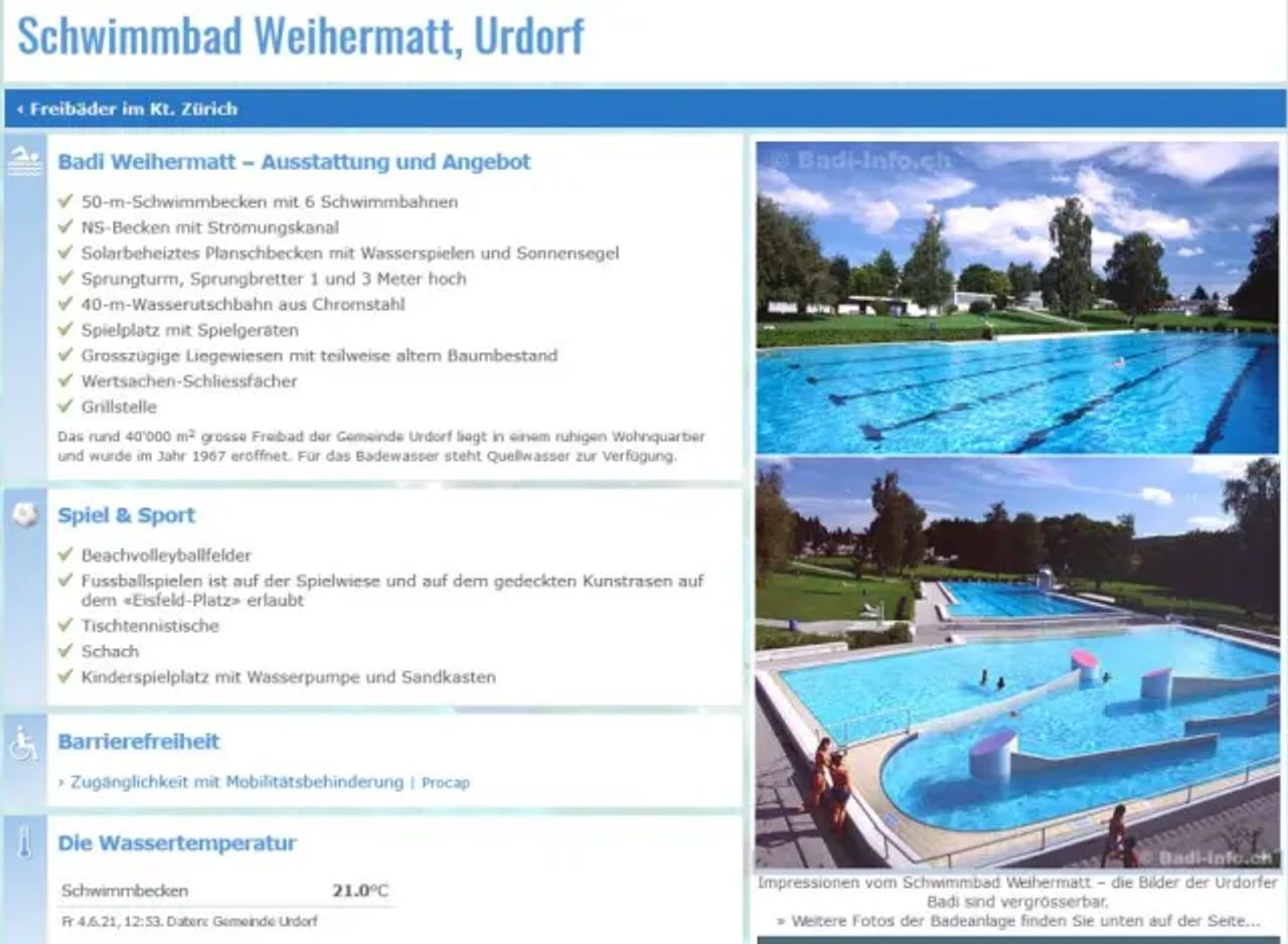 Screenshot Badi-Info.ch, als Beispiel mit Details zur Badi Urdorf Weihermatt