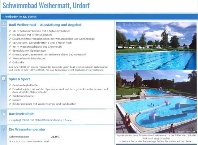Screenshot Badi-Info.ch, als Beispiel mit Details zur Badi Urdorf Weihermatt