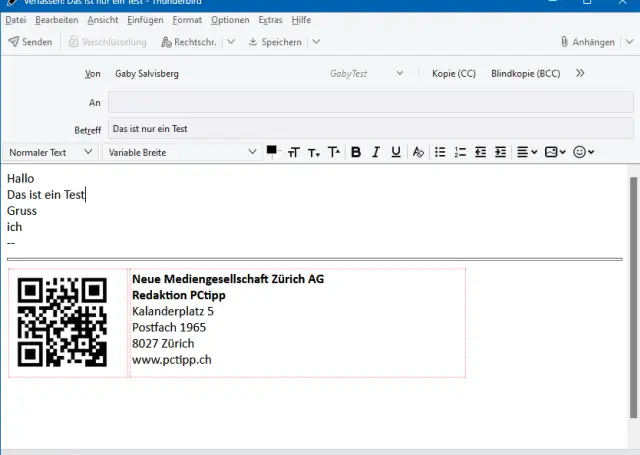 Beispiel-Mail mit einer Signatur, die ein Bild in Form eines QR-Codes zeigt