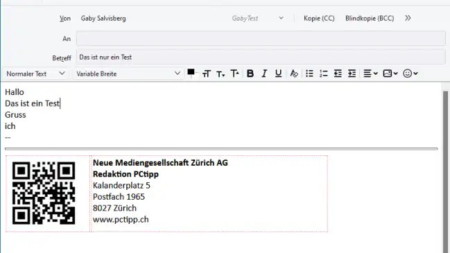 Beispiel-Mail mit einer Signatur, die ein Bild in Form eines QR-Codes zeigt