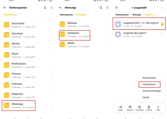 Drei Screenshots zeigen den Weg zur Datei