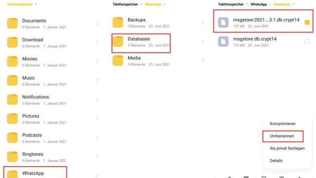 Drei Screenshots zeigen den Weg zur Datei