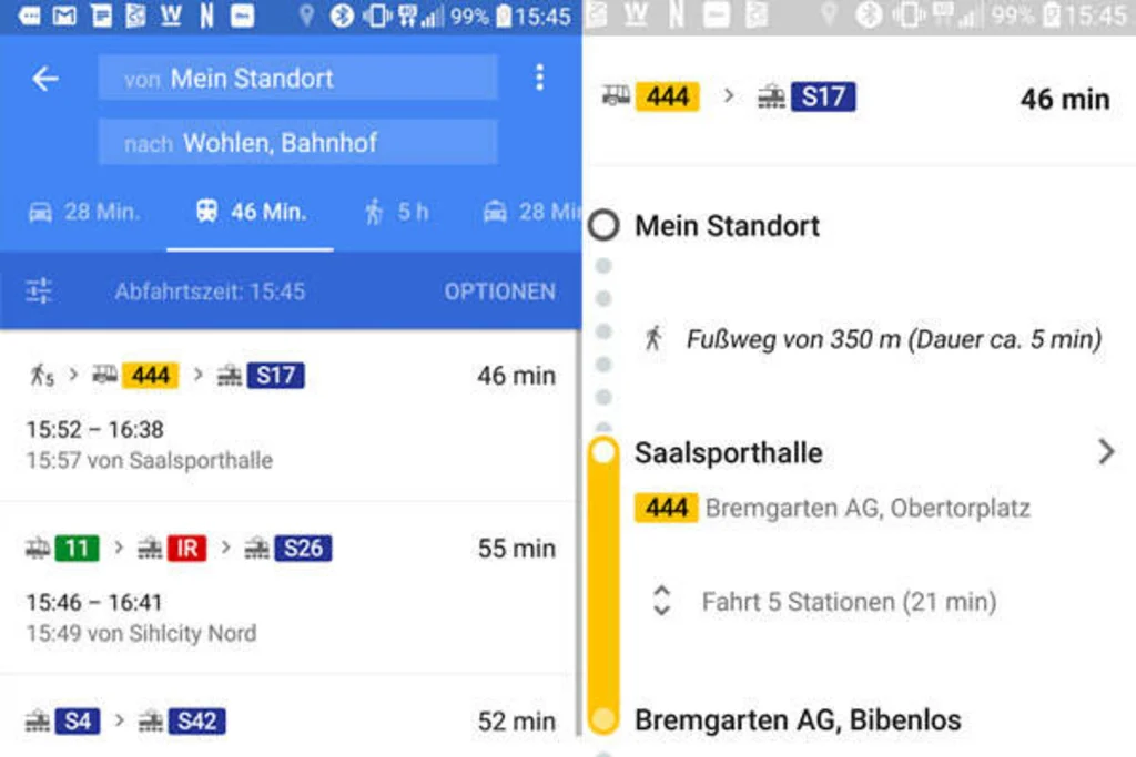 Umsteige-Informationen in Google Maps