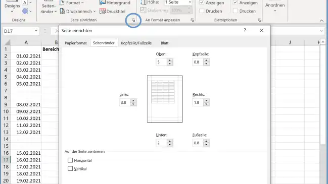 Screenshot Seite einrichten und das markierte Steuerelement