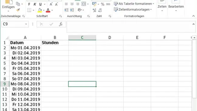 Die Kalenderdaten in der Spalte A enthalten auch noch die Wochenenden