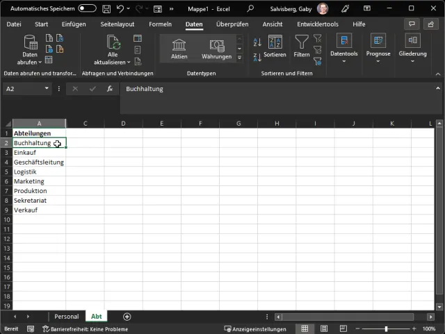 Die Liste der Abteilungen in einer Spalte auf der Hilfstabelle