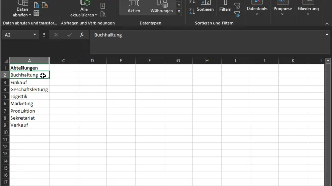 Die Liste der Abteilungen in einer Spalte auf der Hilfstabelle