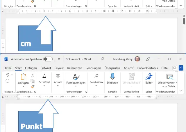 Zwei Word-Fenster, mit Zeilenlineal je einmal in Zentimetern und in Punkten