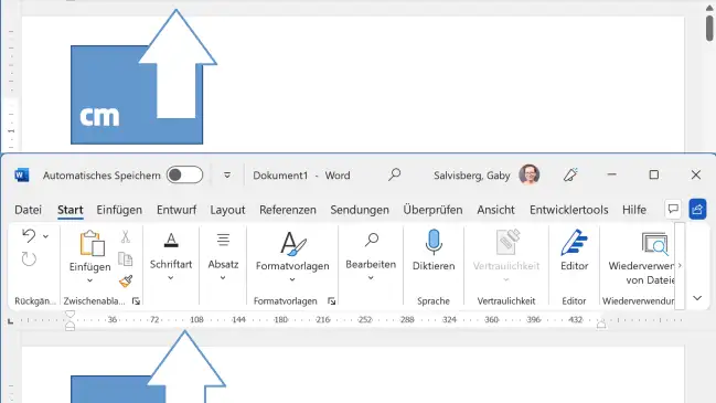 Zwei Word-Fenster, mit Zeilenlineal je einmal in Zentimetern und in Punkten