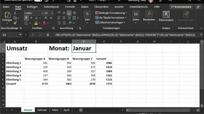 Ein Excel-Arbeitsblatt mit dem Blattnamen in einer Zelle