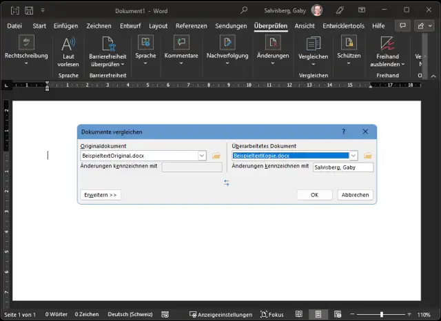 Das kleine Word-Fenster zum Auswählen der beiden zu vergleichenden Dokumente