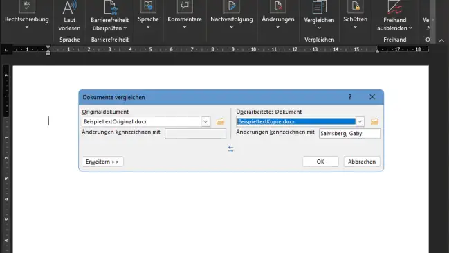 Das kleine Word-Fenster zum Auswählen der beiden zu vergleichenden Dokumente