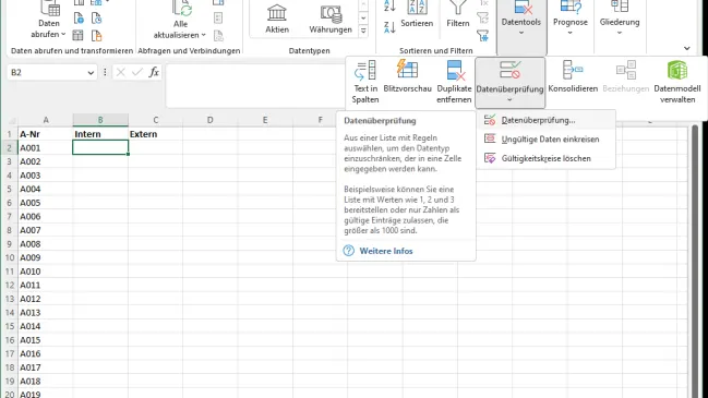 Excel-Screenshot mit dem Menü, das die Gültigkeitsprüfung enthält