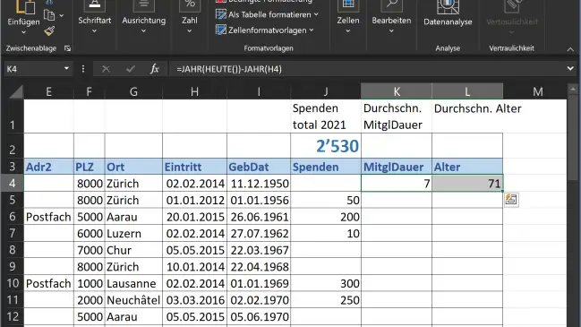 Screenshot Excel mit zwei markierten obersten Zellen