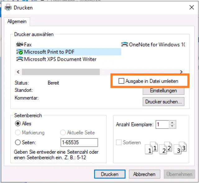 In einem klassischen Druckdialog ist die Option "In Datei umleiten" eingerahmt
