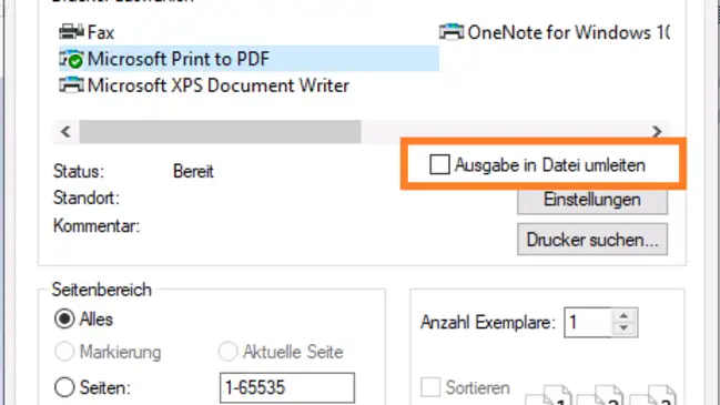 In einem klassischen Druckdialog ist die Option "In Datei umleiten" eingerahmt