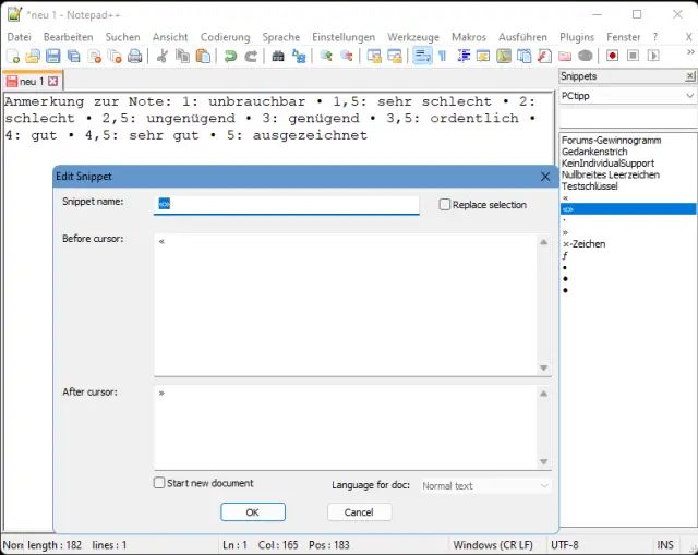 NotepadPlusPlus-Screenshot mit einem Snippet