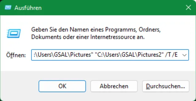 Der eingetippte Befehl im Ausführen-Fenster