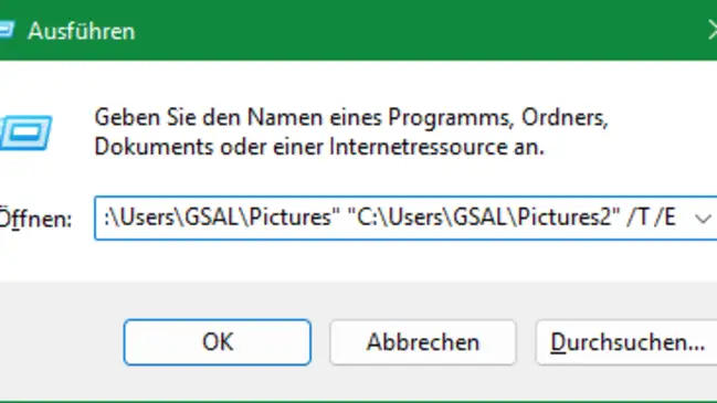Der eingetippte Befehl im Ausführen-Fenster