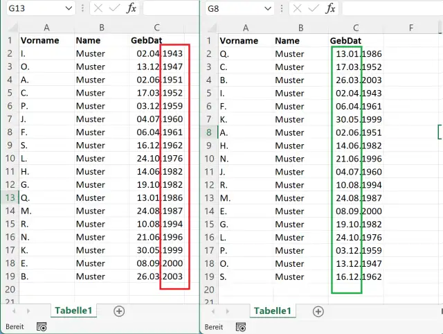 Sortierung Geburtstagsliste, Vergleich vorher und nachher