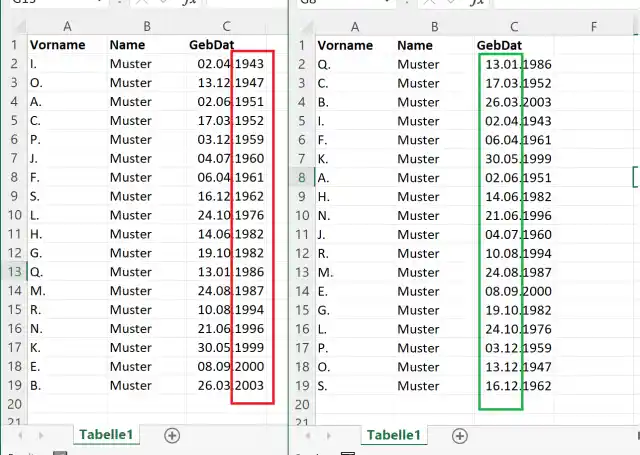 Sortierung Geburtstagsliste, Vergleich vorher und nachher