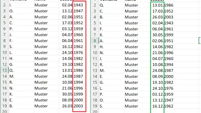 Sortierung Geburtstagsliste, Vergleich vorher und nachher