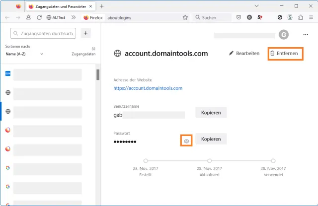 Firefox-Kennwort-Details. Die Befehle Entfernen und Anzeigen sind markiert