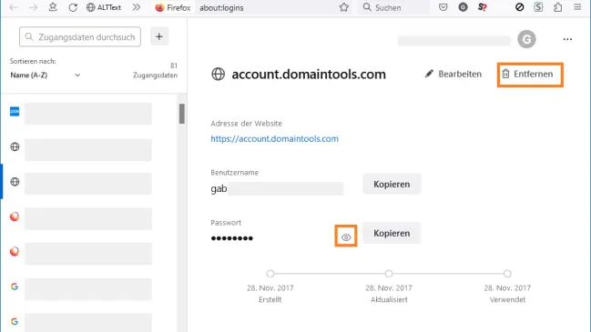 Firefox-Kennwort-Details. Die Befehle Entfernen und Anzeigen sind markiert