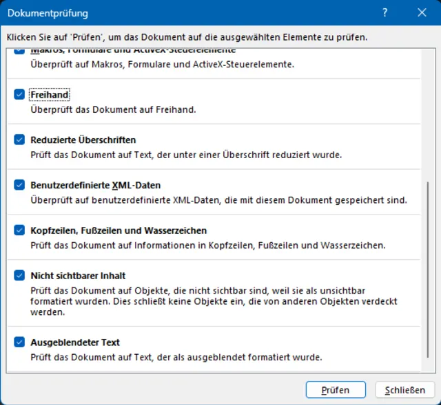 Dei Funktion in Word, mit der Sie die Datei auf versteckte Daten prüfen