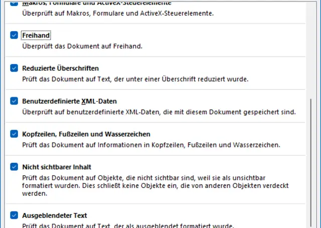 Dei Funktion in Word, mit der Sie die Datei auf versteckte Daten prüfen