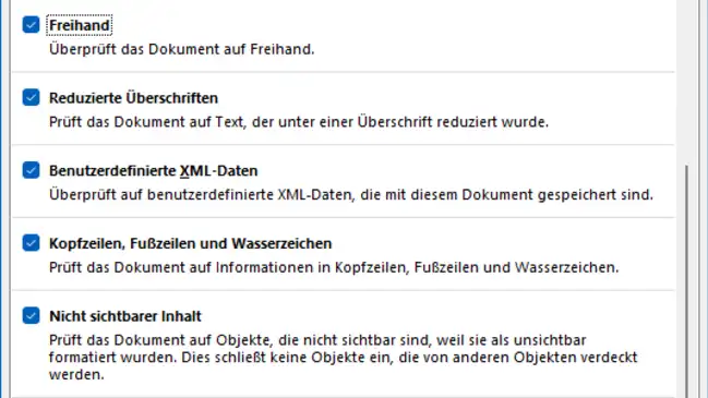 Dei Funktion in Word, mit der Sie die Datei auf versteckte Daten prüfen