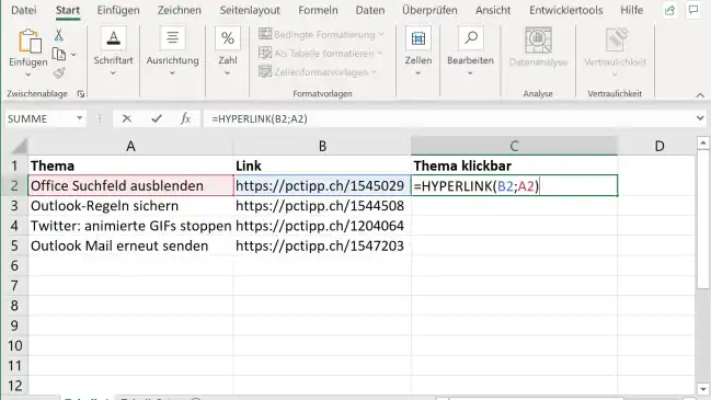 Screenshot Excel mit Formel