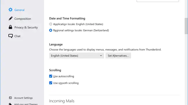 Die Spracheinstellungen des (jetzt noch englischen) Thunderbird