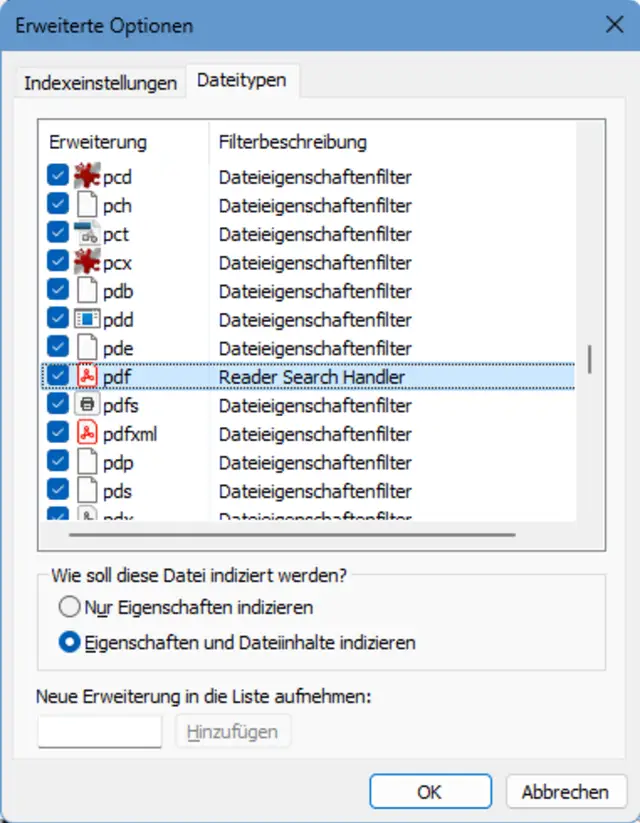Die Indizierungseinstellungen des Dateityps PDF