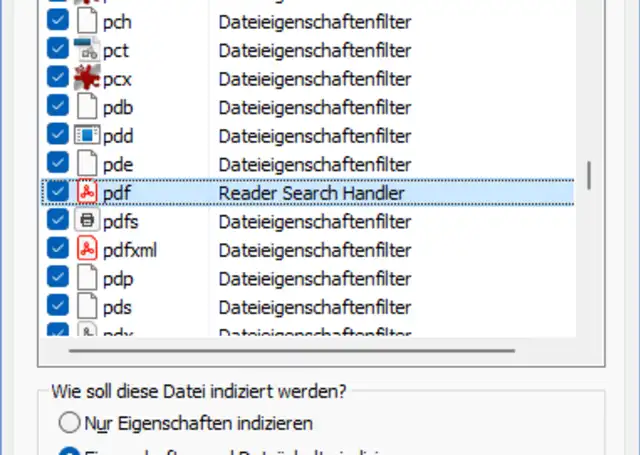 Die Indizierungseinstellungen des Dateityps PDF