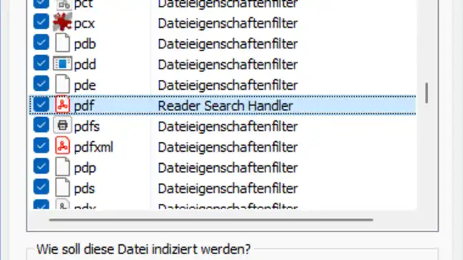 Die Indizierungseinstellungen des Dateityps PDF