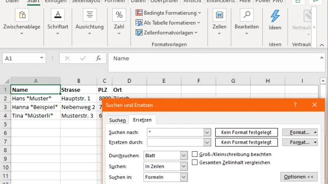 Screenshot Suchen und Ersetzen Dialog