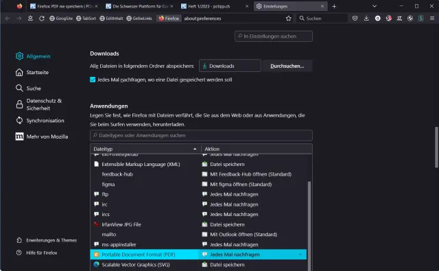 Die Firefox-Einstellungen betreffend Download oder Anzeige verschiedener Dateitypen
