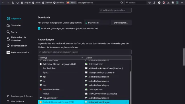 Die Firefox-Einstellungen betreffend Download oder Anzeige verschiedener Dateitypen