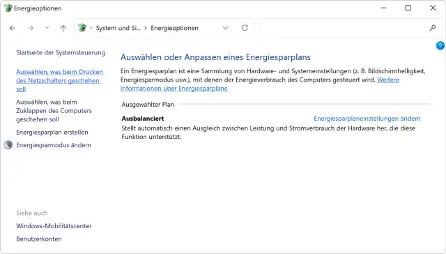 Systemsteuerung Energieoptionen