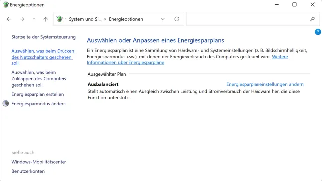 Systemsteuerung Energieoptionen