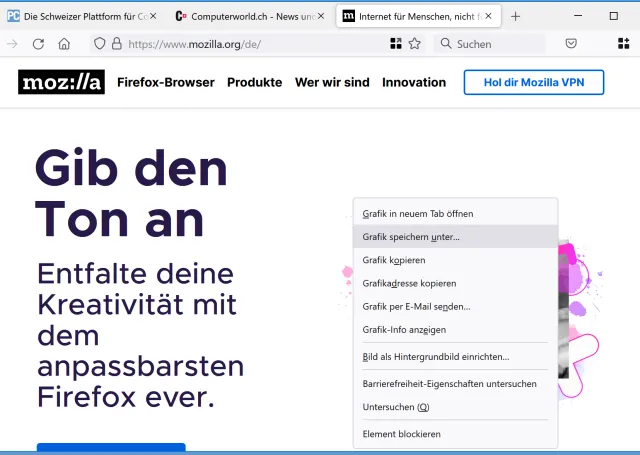 Firefox mit geöffnetem Kontextmenü und dem Befehl Grafik speichern unter