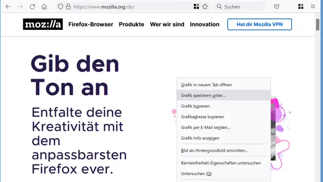 Firefox mit geöffnetem Kontextmenü und dem Befehl Grafik speichern unter